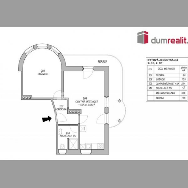 Celkově rekonstruovaný byt 2+kk, 51,2m2 + balkon 14,6m2, Sta