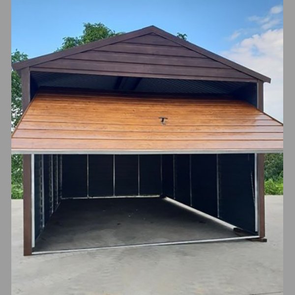 Plechová garáž s imitací dřeva 3x5m sedlová střecha